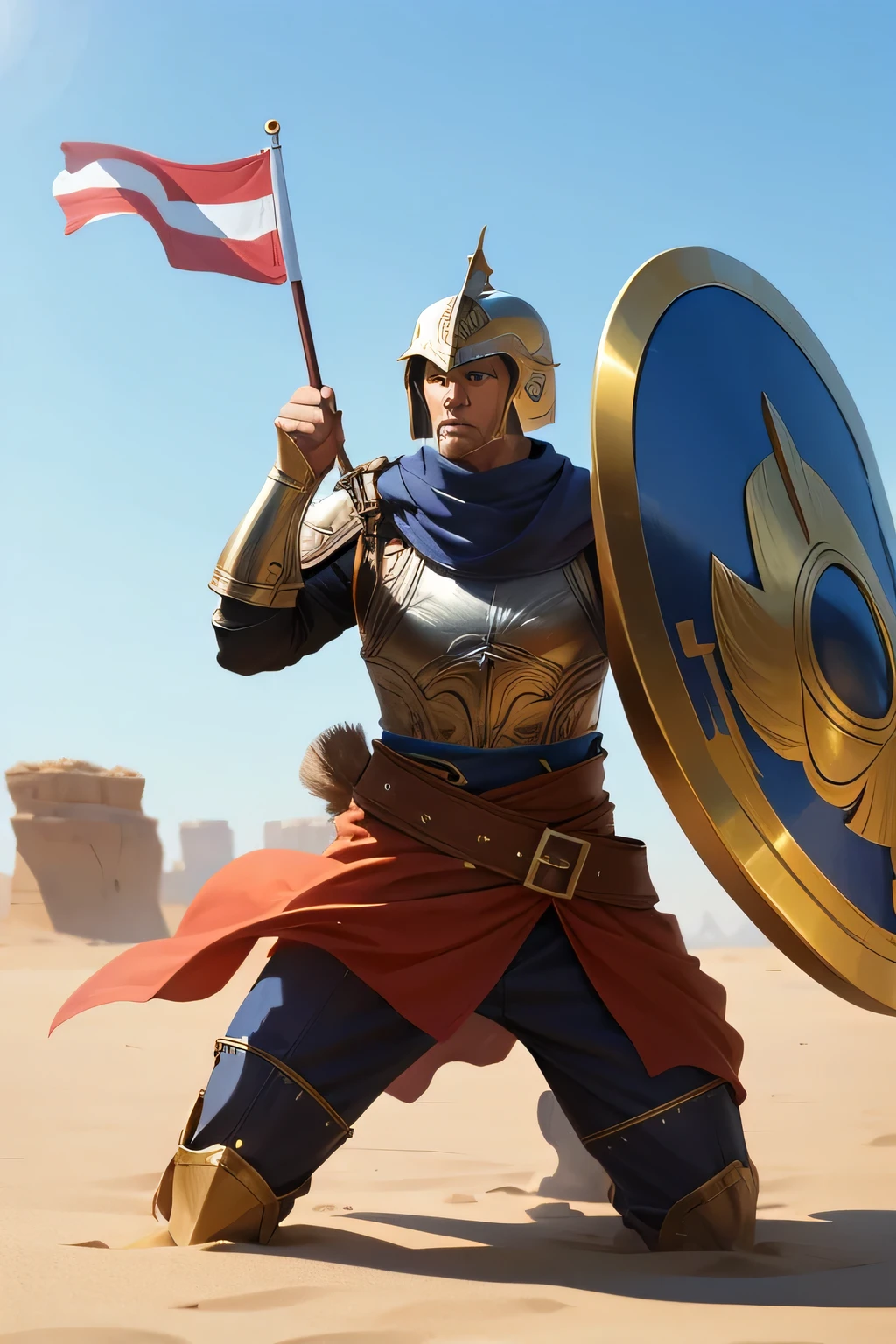 Strong man,Take a shield,is dressed in armor,wearing her helmet,in a desert,The flag,Big wind,cavalos