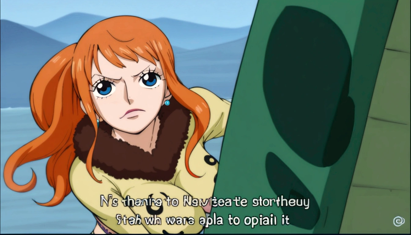 a cartoon picture of a woman in a bikini top and jeans, nami one piece, nami from one piece, nami, beautiful portrait of nami, from one piece, oppai, blue eyes, smoking