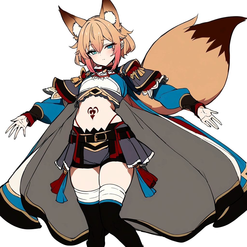 Masterpiece, High quality, High quality of art, best quality, best details, anime lineart, 1boy, Femboy, fox ears, fox tail, light blue eyes, light carrot hair, Short Shorts, Red shadows under the eyes, a bell near the fox's ears, A red and white rope on his belt, a large bow on his back, Bare stomach, black heart tattoo on tummy, half sleep eyes