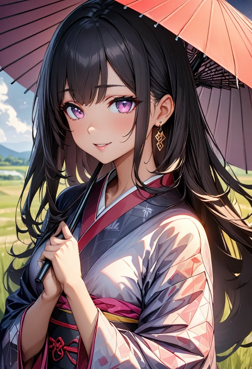 (Perfect Anatomy)、Mastepiece、Ultra High Quality、 8K、masterpiece、Highest quality、Ultra-high resolution、Maximum resolution、Very detailed、Professional Lighting、anime、Adult female、thin、so beautiful、Highly detailed eye、Highly detailed face、Golden earrings、Black Hair,、Pink eyes、Kimono with a beautiful pattern、Gorgeous kimono、kimono、Holding a Japanese umbrella、grassland, 