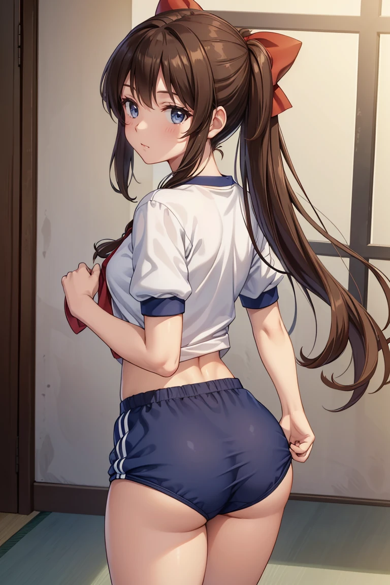 Reimu Hakurei, (Brown eyes:1.5), Brown Hair, bow, hair bow, Hair Tube, Long Hair, red bow, Side Lock, (((Slender body)))、(Navy blue cuffs and white short-sleeved gym uniform)、(Navy Blue Bloomers)、(
barefoot)、Navy blue socks、sports boots、Ground、Schoolyard、(((Backwards、look back)))、View your viewers,blush、
Cowboy Shot,Smile Break (masterpiece:1.2), Highest quality, High resolution, unity 8k wallpaper, (figure:0.8), (Beautiful attention to detail), Highly detailed face, Perfect lighting, Highly detailed CG, (Perfect hands, Perfect )