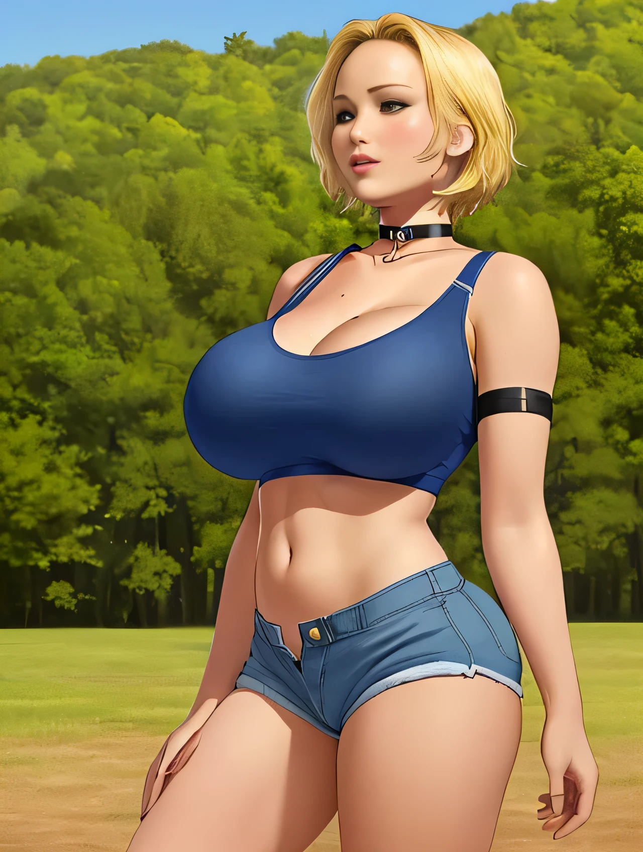 Jennifer Lawrence, (Jennifer Lawrence:1.5), (masterpiece quality, (masterpiece quality:1.3), realistic, (realistic:1.3), 1girl, (1girl:1.9), solo, (solo:1.9), on a farm, barn in background, sunny day, blonde hair, (blonde hair:1.5), shoulder-lengeth hair, (shoulder-length hair:1.5),  , ( :1.5), wearing blue Jean shorts, (blue Jean shorts :1.5), wearing choker collar, (choker collar:1.5), midriff, (midriff:1.5),  pose, , (:1.5), 