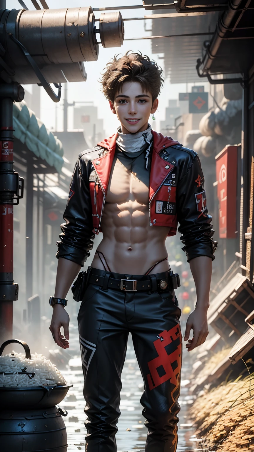 plano general, whole body, ((1 beautiful young man, happy, beautiful smile ,with rice:1.6)), (high resolution:1.2),ultra detailed, realist, sharp focus,showy,4k,8k, HD. Masterpiece, hiper realist, hyper detailed,With red hat, red camouflage, red sweatshirt, blue leggings, broad, by rubio, modern haircut:1.4, face mask, nasolabial , standing, half, (reality: 1.5), cyberpunk, Neon city, Neon, 3D, cgi, volumetric ray, white sclera, blue eyes,