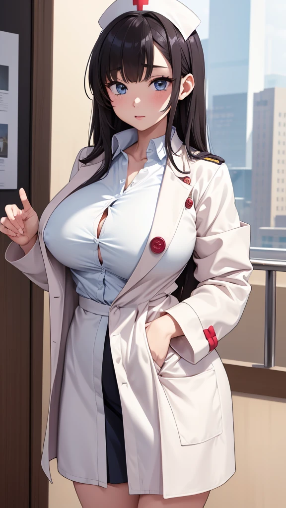 Anime girl with really big  wearing a button up nurse coat but all the buttons are unbuttoned showing her really big  and nipples