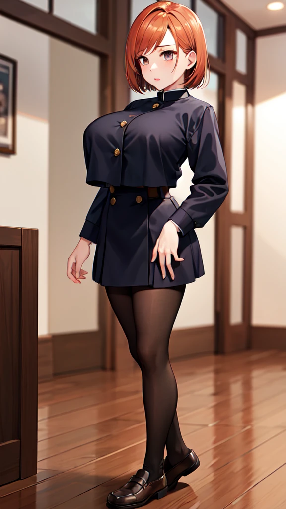 masterpiece, Highest quality, High resolution, Anabara, short hair, (Black jacket:1.2), button, Long sleeve, Black Skirt, High Waist Skirt, Black Pantyhose, indoor, Put your hands in your pockets,1 girl, whole body,choker、slave、 Big Breasts、Breast enlargement，big、Expressionless、（Blacknee-length socks:1.4）Micro Mini Skirt