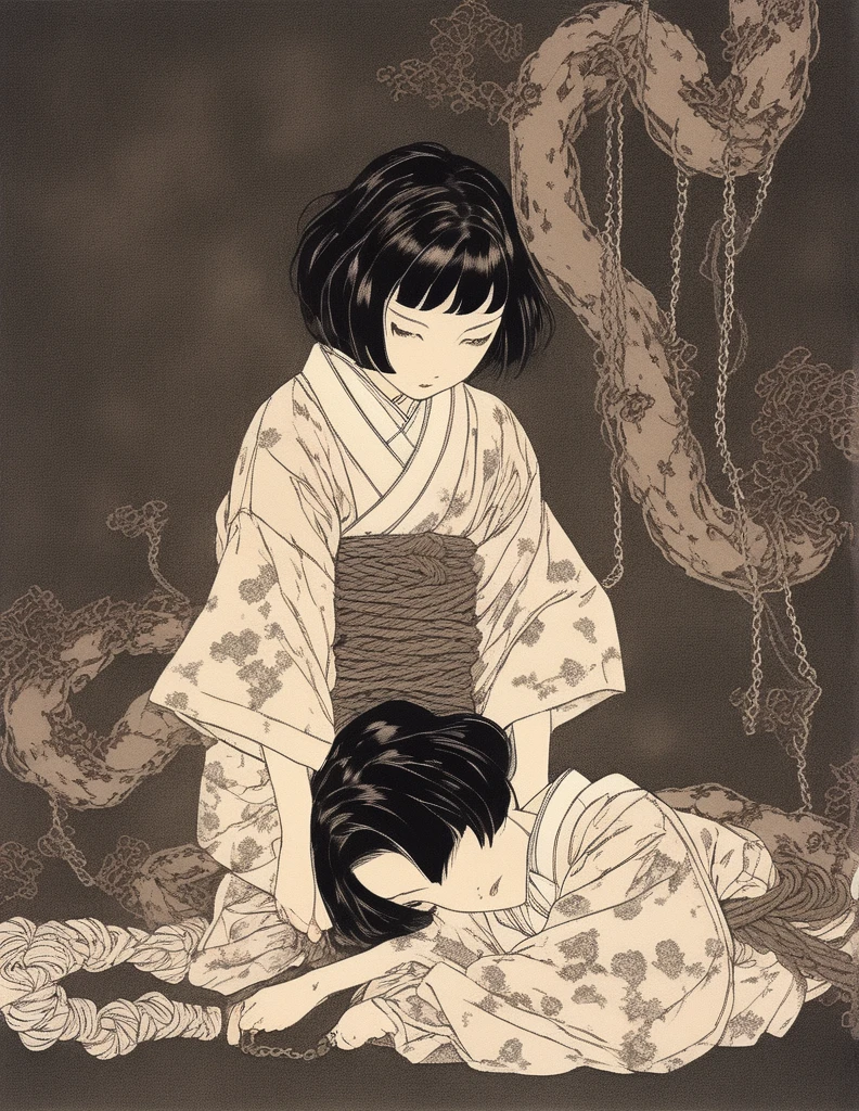 japanese line art , two girls in a garden tying each other up with chains and rope, knots, bdsm , floral damask background , in the style of takato yamamoto ,