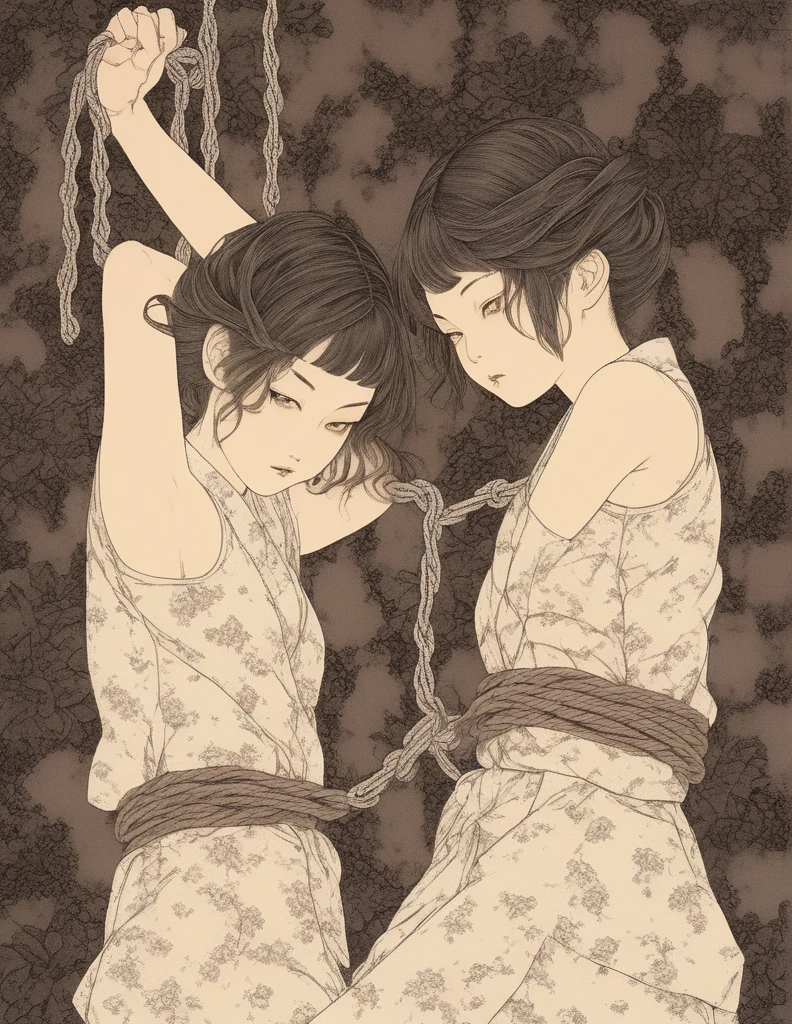 japanese line art    , two  girls in a garden tying each other up with chains and rope, knots, bdsm , floral damask background ,  in the style of  takato yamamoto    , 