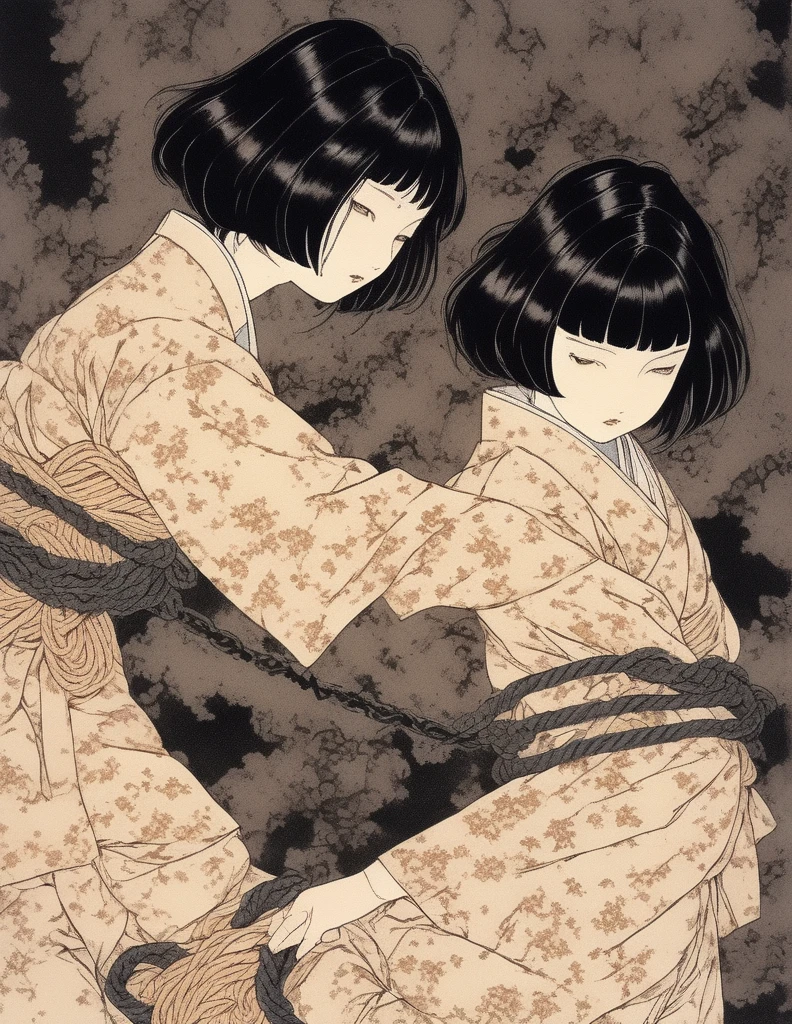 japanese line art , two school girls in a garden tying each other up with chains and rope, knots, bdsm , floral damask background , in the style of takato yamamoto ,