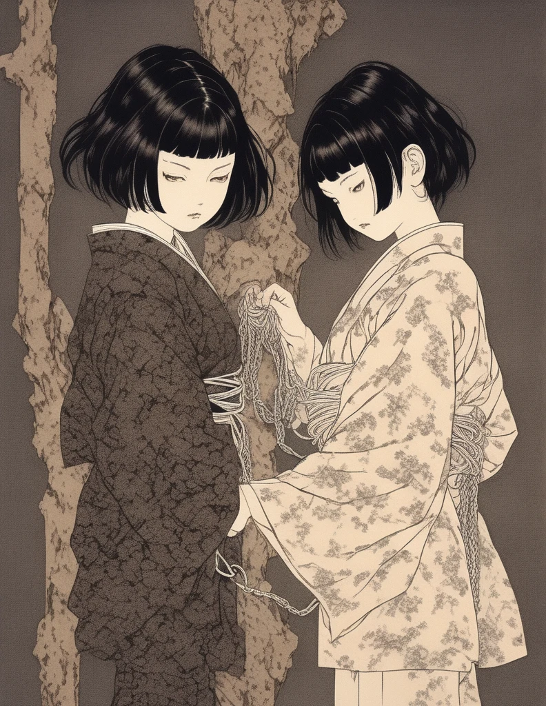 japanese line art    , two school girls in a garden tying each other up with chains and rope, knots,  , floral damask background ,  in the style of  takato yamamoto    , 