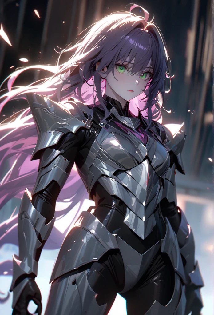 (solo), purple hair, messy hair, mane hair, extra long hair, dense hair, wild hair, expressive hair, mature,(25 year old), pale skin, green eyes, ((man)), wearing a silver armor, armored arms, armored legs, claws,, beautiful, attractive, eye reflection, depth of field, thunder aura,cinematic lighting, ray tracing, depth of field, cinematic lighting, ray tracing, UHD, high details, best quality, highres, high quality, award winning, super detail, masterpiece, 8k, UHD, high details, best quality, highres, high quality, award winning, super detail, masterpiece, 8k, digital art, anime coloring, body shot, good face, perfect face, detailed face, good eyes