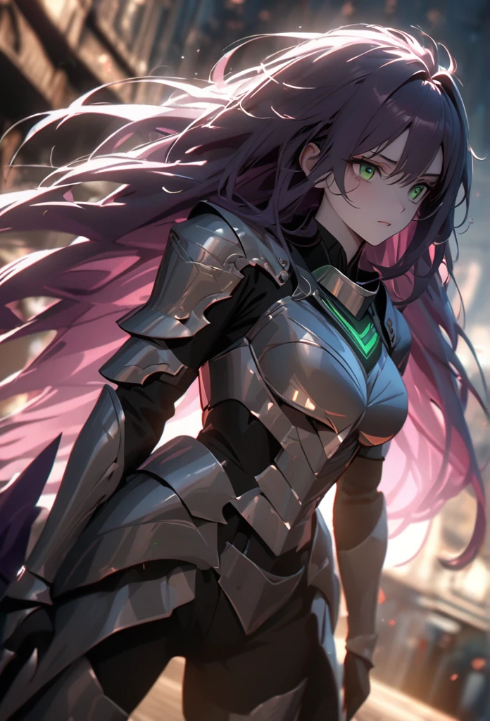 (solo), purple hair, messy hair, mane hair, extra long hair, dense hair, wild hair, expressive hair, mature,(25 year old), pale skin, green eyes, ((man)), wearing a silver armor, armored arms, armored legs, claws,, beautiful, attractive, eye reflection, depth of field, thunder aura,cinematic lighting, ray tracing, depth of field, cinematic lighting, ray tracing, UHD, high details, best quality, highres, high quality, award winning, super detail, masterpiece, 8k, UHD, high details, best quality, highres, high quality, award winning, super detail, masterpiece, 8k, digital art, anime coloring, body shot, good face, perfect face, detailed face, good eyes