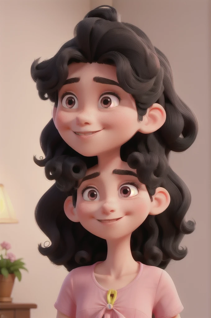 Create a slightly thin woman with hair that is curly at the ends and straight on top, with a straight nose, black hair, pink blouse, with a half-turned face, a pointed nose, a half-oval head