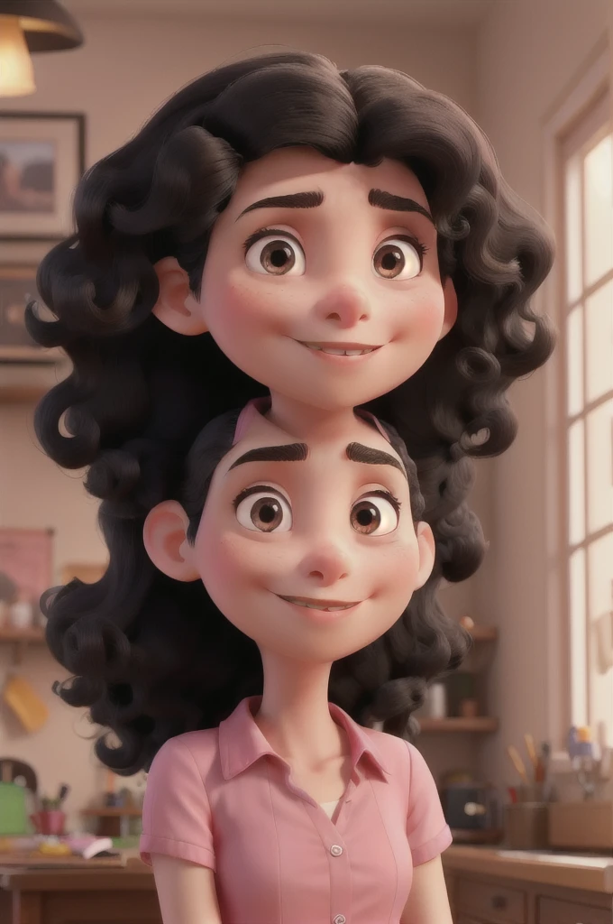 Create a slightly thin woman with hair that is curly at the ends and straight on top, with a straight nose, black hair, pink blouse, with a half-turned face, a pointed nose, a half-oval head