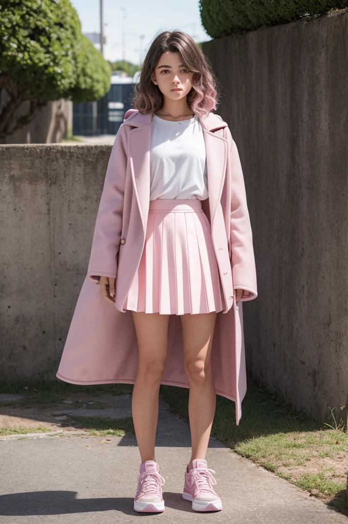 a 14 year old, cabelo longo e loiro, dark oculus, skinny, white blouse, pink coat, pink skirt and sneakers