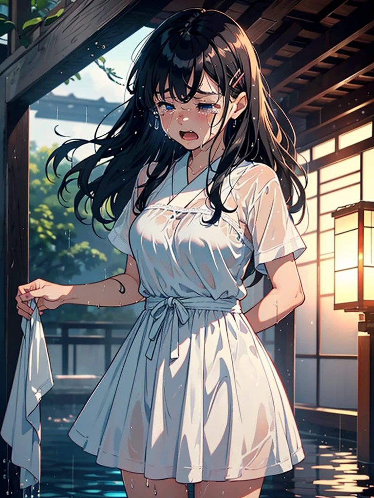(1 girl, Solo, Japanese girl), , Best quality, masutepiece, 8K, High resolution, Ultra detailed, black hair, long wavy hair, hair clip, (((crying, tears))), (( (taremae))), (short white dress), wet hair, wet skin, wet clothes, heavy rain,