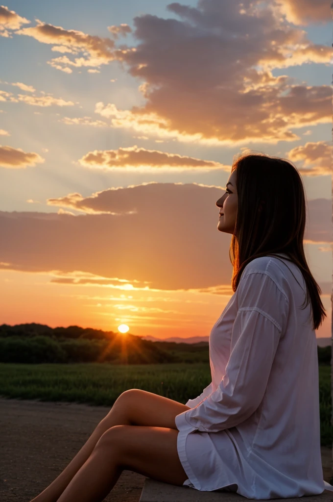 Woman sitting watching a sunset blushing 
