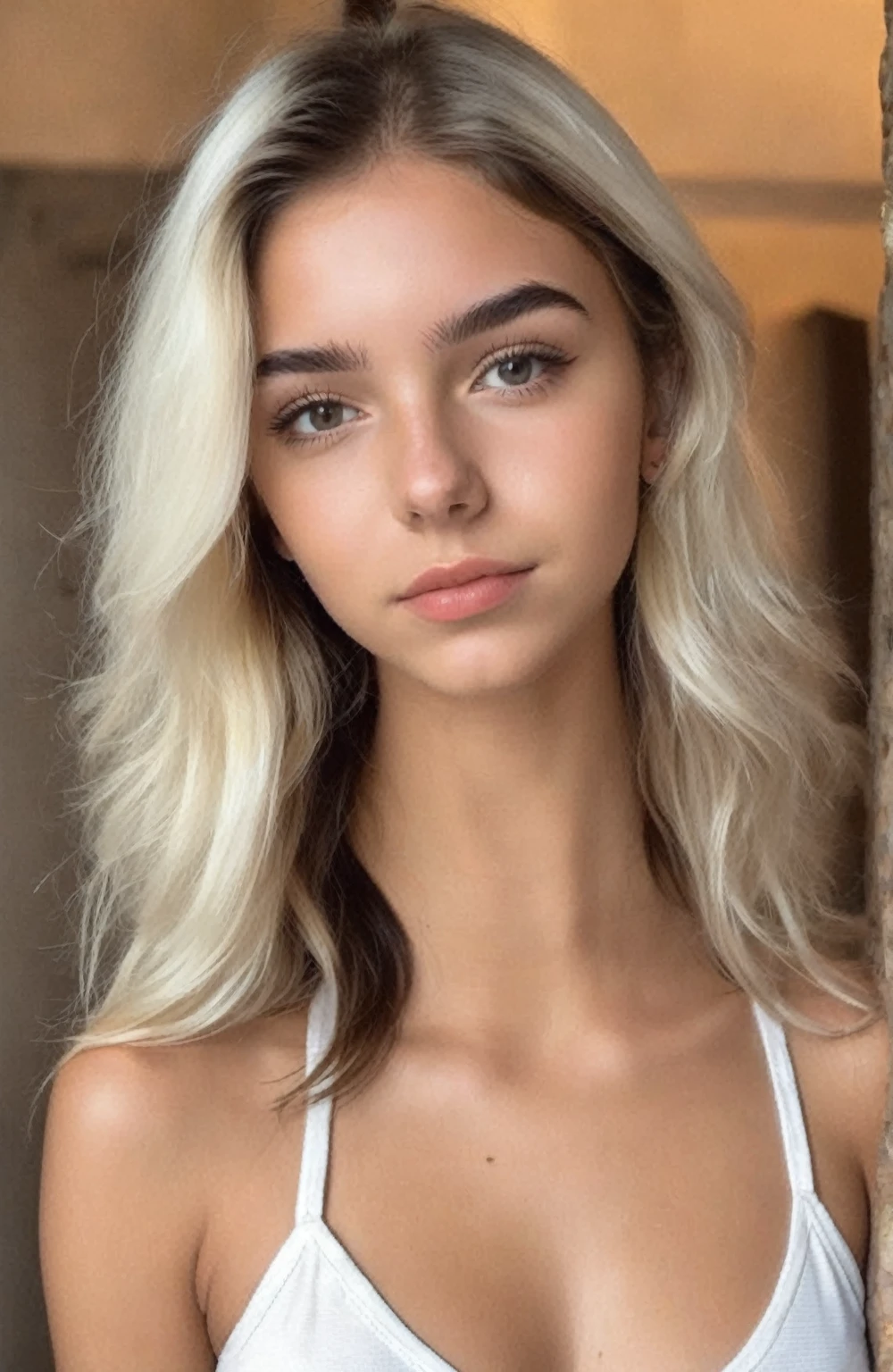 White 18 years old woman from south america, natural beauty, normal skin, whore face, front facing