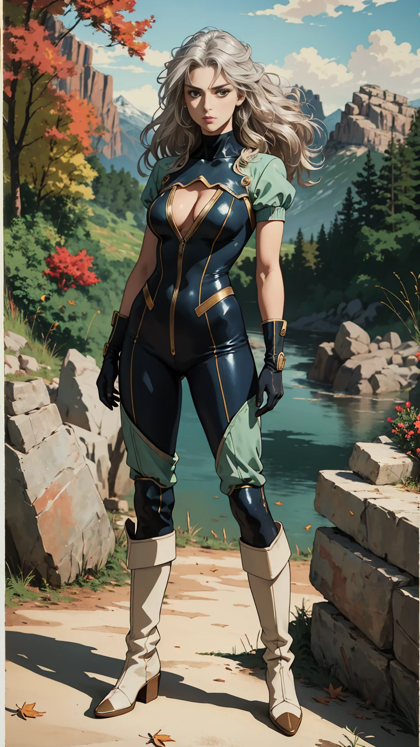 (((full body photo))),A middle-aged beautiful woman, long platinum-blond hair, neatly combed hair, a square face, a serious expression, sharp eyes, tall figure, a dark fantasy-realistic style bodysuit, short sleeve, a silver-white chestplate, gloves with metal accessories, three metal blades extending from the gloves, tight-fitting pants that match the bodysuit, silver-white metal shin guards, boots, the background is a mountain forest at night, with falling leaves, this character embodies a finely crafted fantasy-realistic style assassin in anime style, characterized by an exquisite and mature manga illustration art style, high definition, best quality, highres, ultra-detailed, ultra-fine painting, extremely delicate, professional, anatomically correct, symmetrical face, extremely detailed eyes and face, high quality eyes, creativity, RAW photo, UHD, 8k, Natural light, cinematic lighting, masterpiece-anatomy-perfect, masterpiece:1.5