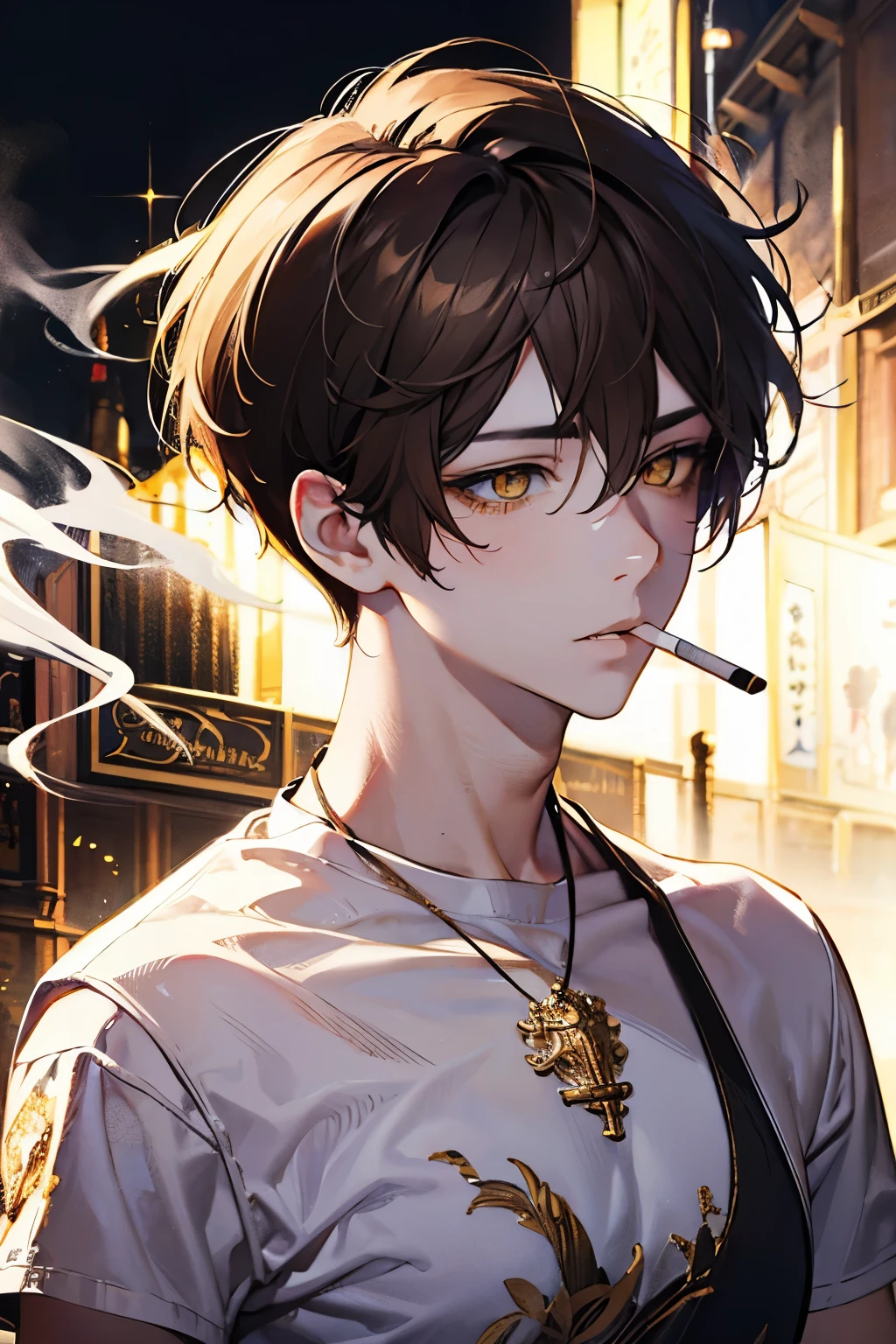 Beautiful young man, brown hair, short hair, yellow eyes,Shiny Sparkling eyes,White Tank top,(smokes), night, smoke,high quality, amount of drawing, pixiv illustration,nsfw,beautiful image,perfect pixiv,close-up view