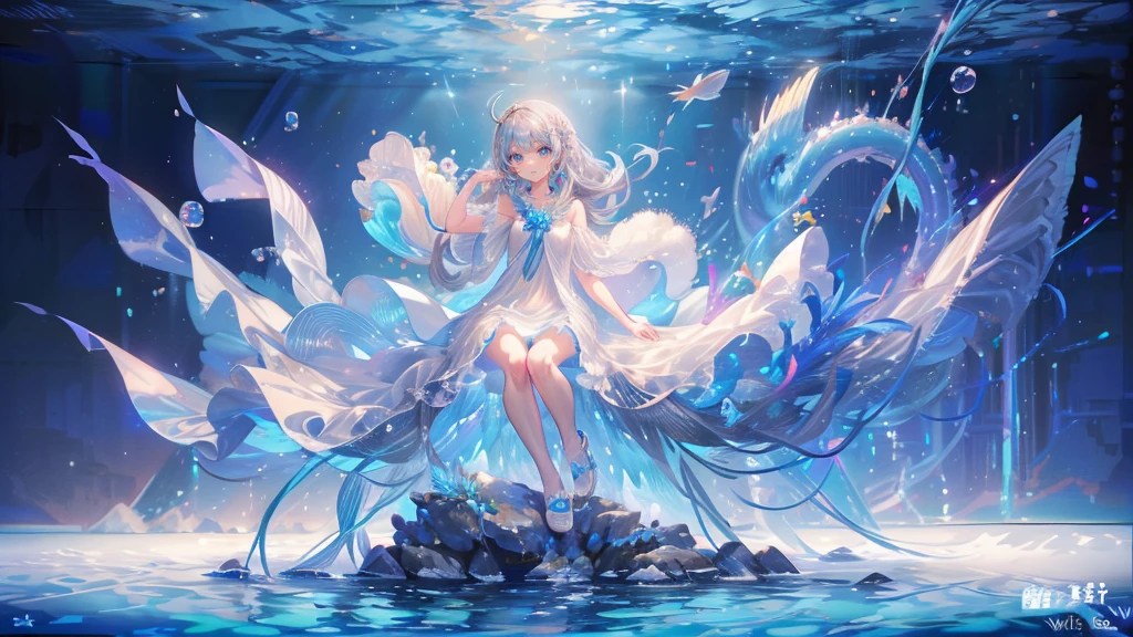 (Piece Fly), (best quality), Very detailed, 1 girl, Perfect face, (Single full body shot:1.3), Very detailed顔，(Grey hair long hair:1.5)，(blue eyes:1.4)，(In the water:1.4)，(White Dress:1.5)，ocean，Small schools of fish，Light，bubble，jellyfish，ocean藻，Redfish，of fish，深ocean，fantasy，ocean底，float，(ocean底都市:1.4)，Smile:1.3