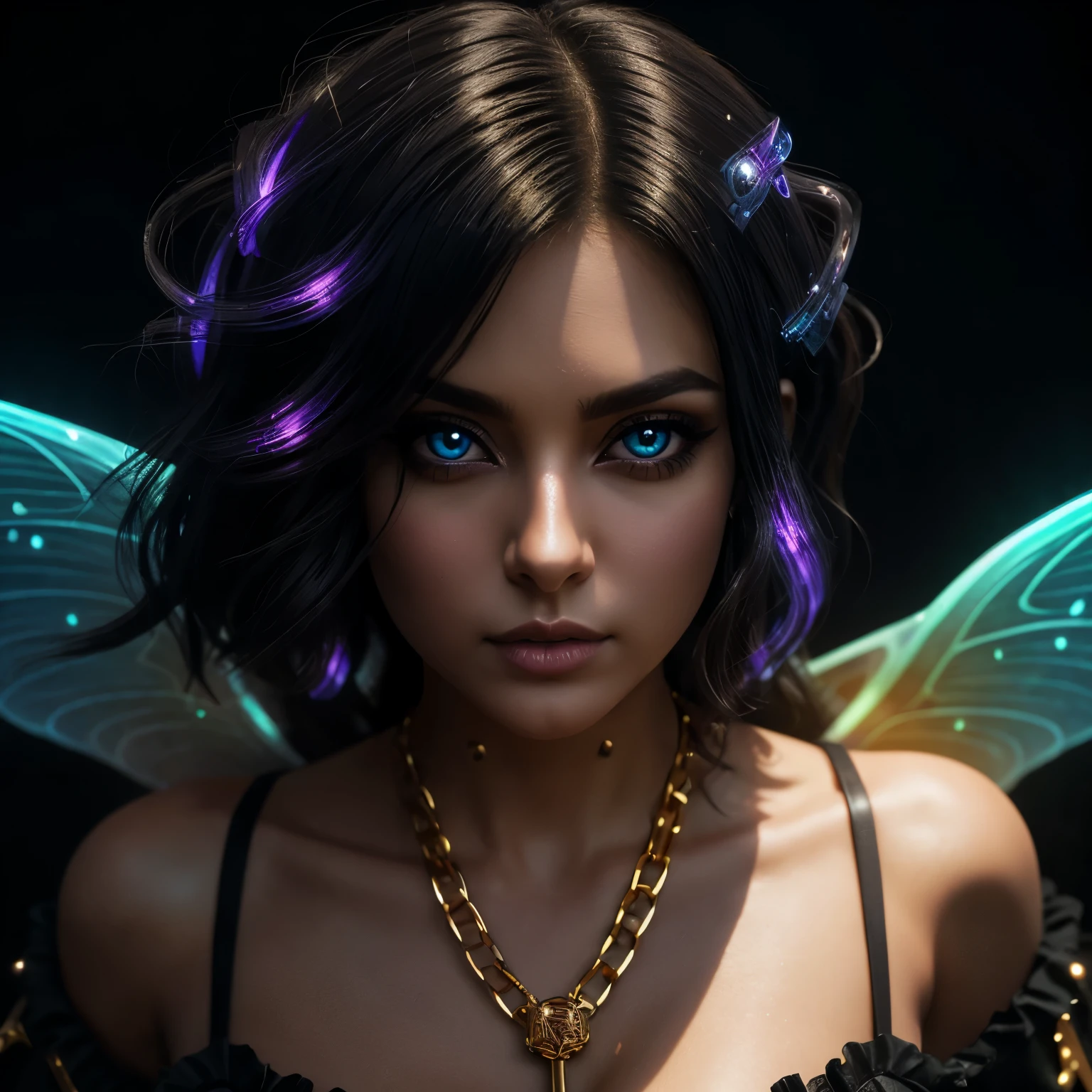 +(((HDMI, HDRI, UDHD))),((Njj 3d)+(Njj modern anime)), night, rain, cemetery, 1 woman, punk rock style clothes, black leather jeans, chains, sneakers, ( (neon iris lighting) 1.1), (eyes emit a magical glow 1.1), ((detailed beautiful eyes) 1.1)), lighting: ((light source full moon))), (((bioluminescence halo light effect Aura focuses on hair))), light falling from above, close-up, bright colors, high quality, extreme detail, blur, depth of field, blurred foreground, looking into the camera, The image had to have an overall sense of mysticism and otherworldliness., with even more number of fantasy elements. (perfect details: 1.1), (beautiful and clear background: 1.2), (extremely detailed CG, ultra detailed, best shadow: 1.1), (finely detailed beautiful eyes), (full-length 1.1), ((fairy fog effect)) , ((ultrasound wave effect)), ((golden rays)), ((abnormal air vibration))., 3D, digital art, on a solid color black background