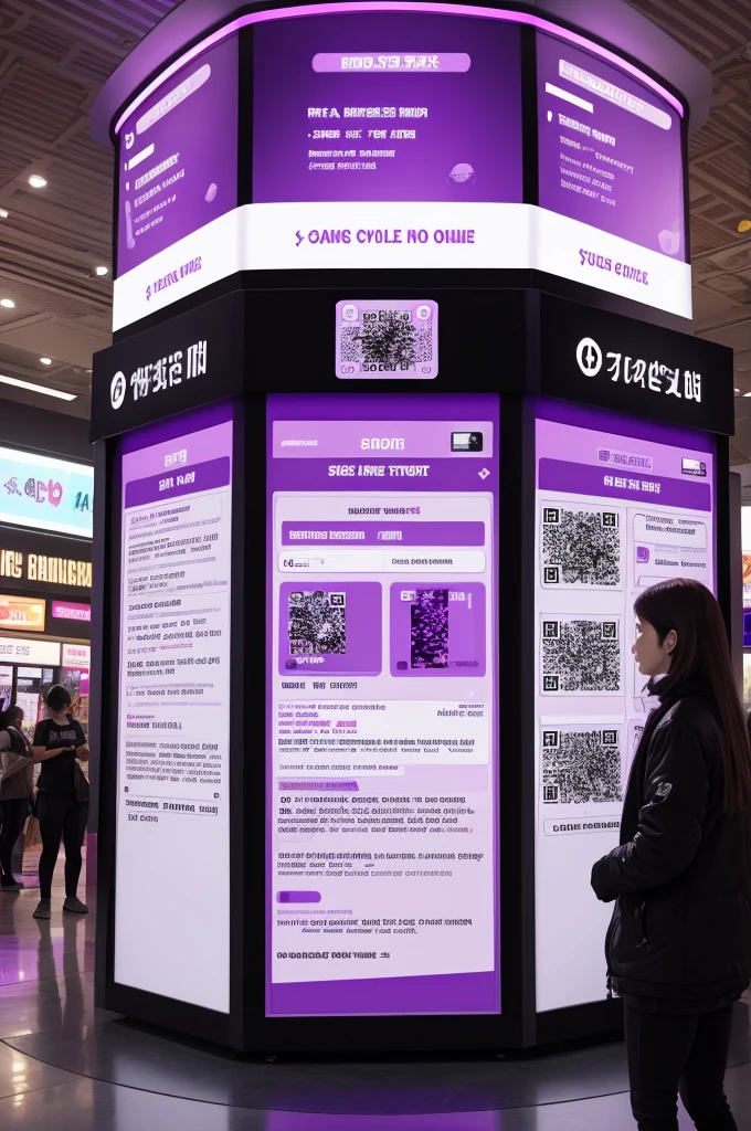 image of a large kiosk inside a black and purple mall with a qr code sign for selling tickets to a show