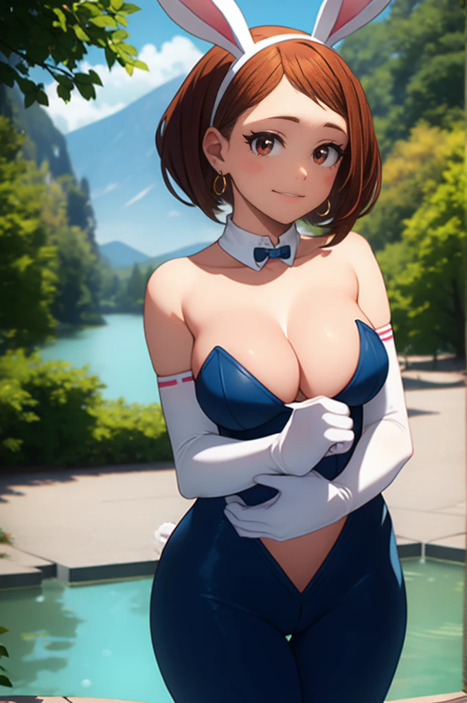 ochaco_uraraka, 1girl, solo, brown eyes ,makeup, eyeshadow, perfect breasts, ,earrings glossy lips ,looking at viewer, blush, large breasts, nature, pond, trees, park, long white elbow satin gloves, holding, animal ears, cleavage, bare shoulders, jewelry, very l, gentle smile, pantyhose, earrings, fake rabbit ears, blue leotard, fake animal ears bunny, long white elbow gloves, white gloves