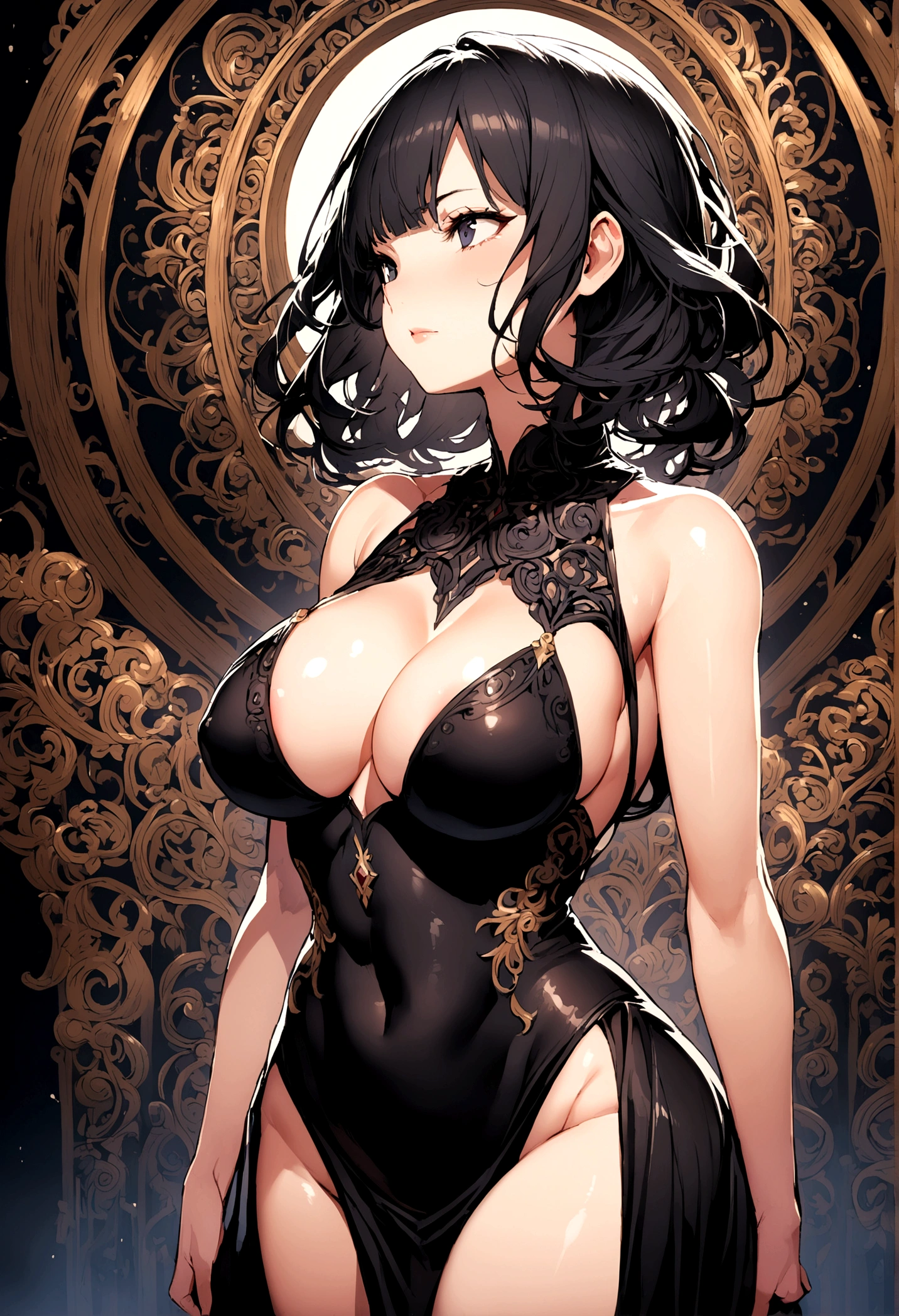 Busty young woman with small waist and big ????????, high ,a very well defined face with a black dress open at the bust,with big black hair.