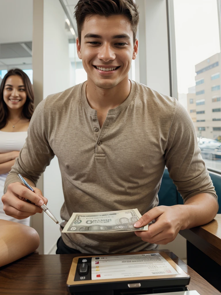 Draw the young man depositing money into his savings account at the bank.
The young man smiling and happy.