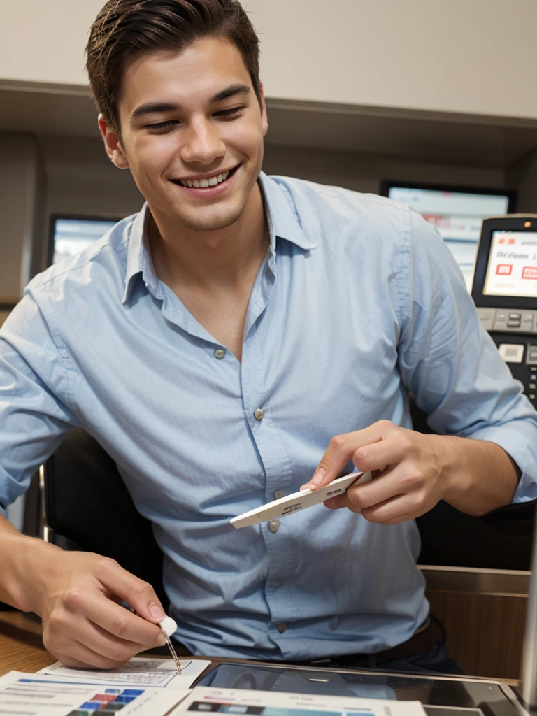 Draw the young man depositing money into his savings account at the bank.
The young man smiling and happy.