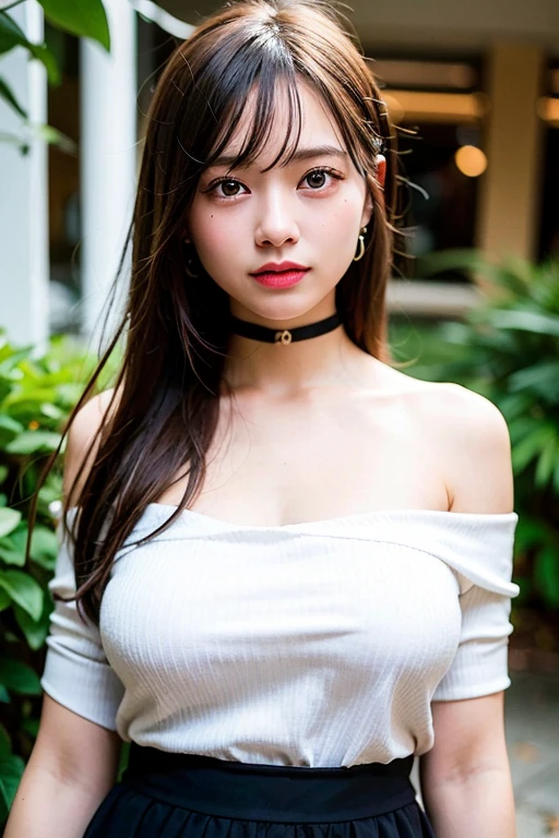 best quality, ultra high res, (photorealistic:1.4), 1girl, off-shoulder white shirt, black tight skirt, black choker, (faded ash gray hair:1), (:1.2), looking at viewer, closeup ,