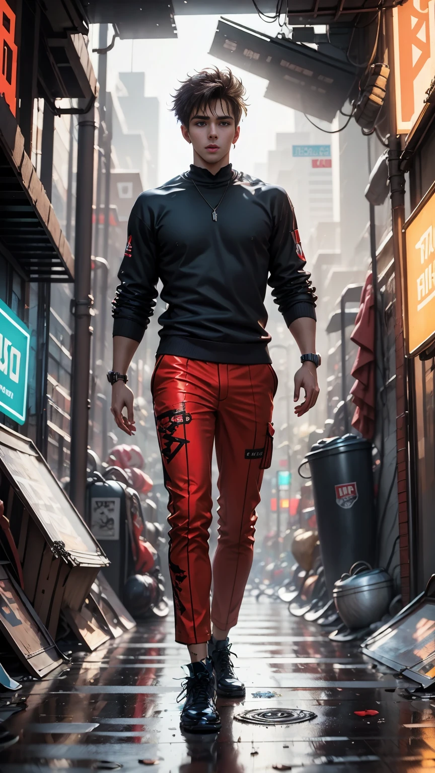 plano general, whole body, ((1 handsome young man, elegant, sensual:1.6)), (high resolution:1.2),ultra detailed, realist, sharp focus,showy,4k,8k, HD. Masterpiece, hiper realist, hyper detailed,With red hat, red camouflage, red sweatshirt, blue leggings, broad, by rubio, modern haircut:1.4, face mask, nasolabial , standing, half, (reality: 1.5), cyberpunk, Neon city, Neon, 3D, cgi, volumetric ray, white sclera, blue eyes,