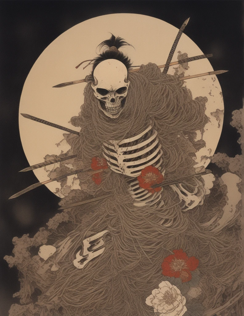 japanese line art    , a samurai( tied up  to a wooden steak with several arrows stuck in him,:1.2) lower body missing visible skeletal structure , ripped rags, rope and bloody ground, black skies and large moon , floral damask background ,  in the style of  takato yamamoto    , 