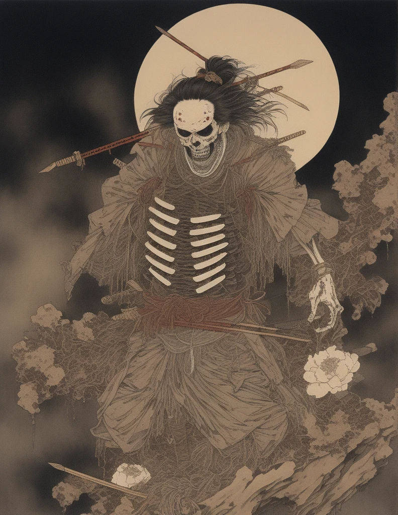 japanese line art    , a samurai( tied up  to a wooden steak with several arrows stuck in him,:1.2) lower body missing visible skeletal structure , ripped rags, rope and bloody ground, black skies and large moon , floral damask background ,  in the style of  takato yamamoto    , 
