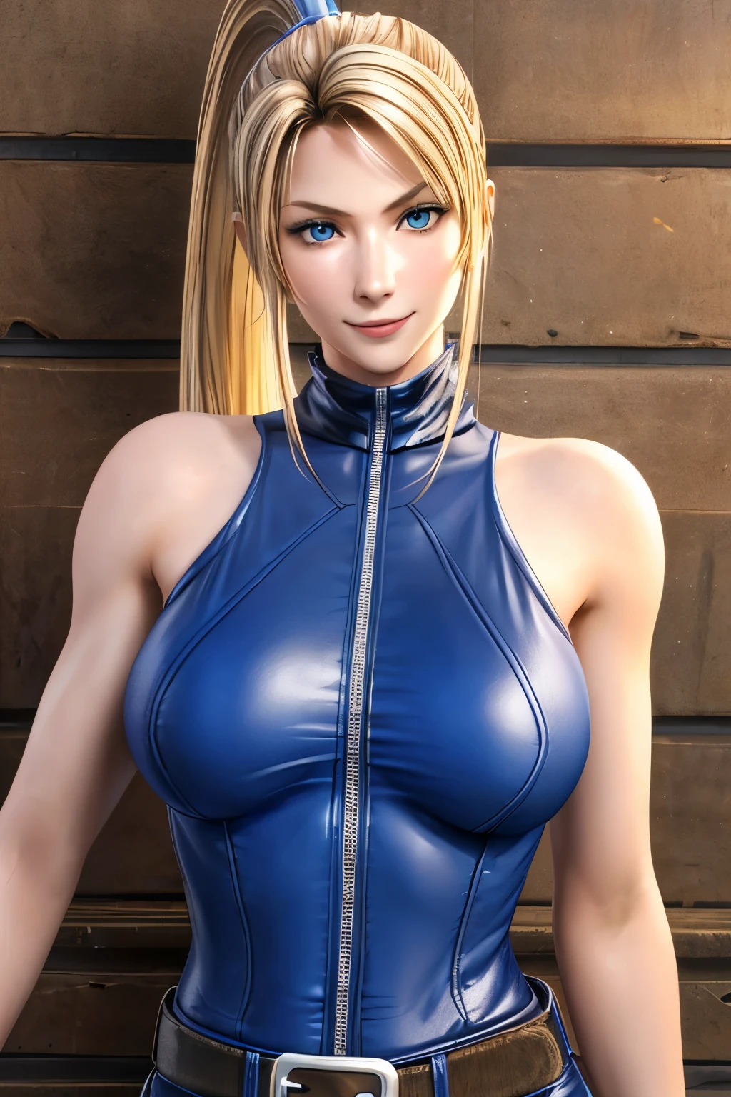 Sarah, blue eyes, angle view, (full bodysuit:1.1), (skinny girl:1.2), ((long ponytail:1.3)), (free flowing hair:1.4), cowboy shot, blonde hair, long hair, (long side burns:1.4), Shoulders exposed, (arms exposed:1.0), (very detailed skin:1.5), (medium breasts:1.4), belt ,sleeveless, (closed zipper), earrings, fingerless short gloves, BREAK masterpiece, 1 girl, RAW photo, (best quality:1.2), extremely delicate beautiful, very detailed, 2k wallpaper, amazing, fine details, (medium breasts:1.3), extremely detailed CG Unity 8k wallpaper, super detailed, high resolution, (beautiful detailed girl:1.4), perfect anatomy, wide cheeks, (shiny clothes:1.1), (smile:1.2), (upper body:1.3), (Realistic, Photorealistic:1.0), (thin nose:1.2), (breast focus:1.3), 20 year old, high nose bridge, (blue clothes:1.2), fighting pose, fighting arena, armpit against wall, wide face, (wide smile:1.3), closed mouth
