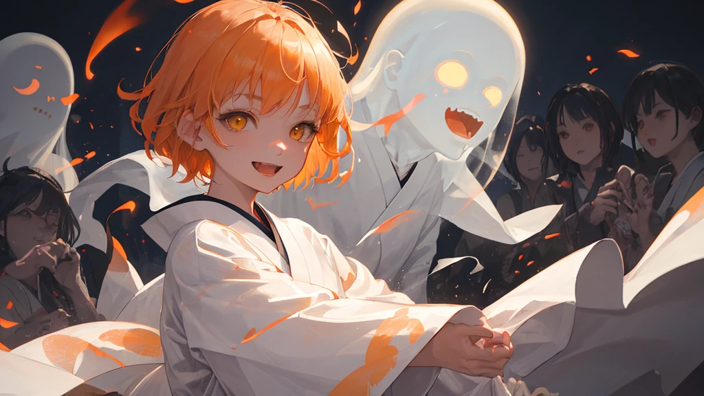 A cool adult woman wearing a white kimono、1 person、Hundreds of ghosts appear at night、Horror、Orange brown short hair、Yellow Eyes、Gloss、Gloss、Fight、A cheerful smile、Shibuya Background、Glare、won'Do not touch、Bold Pose