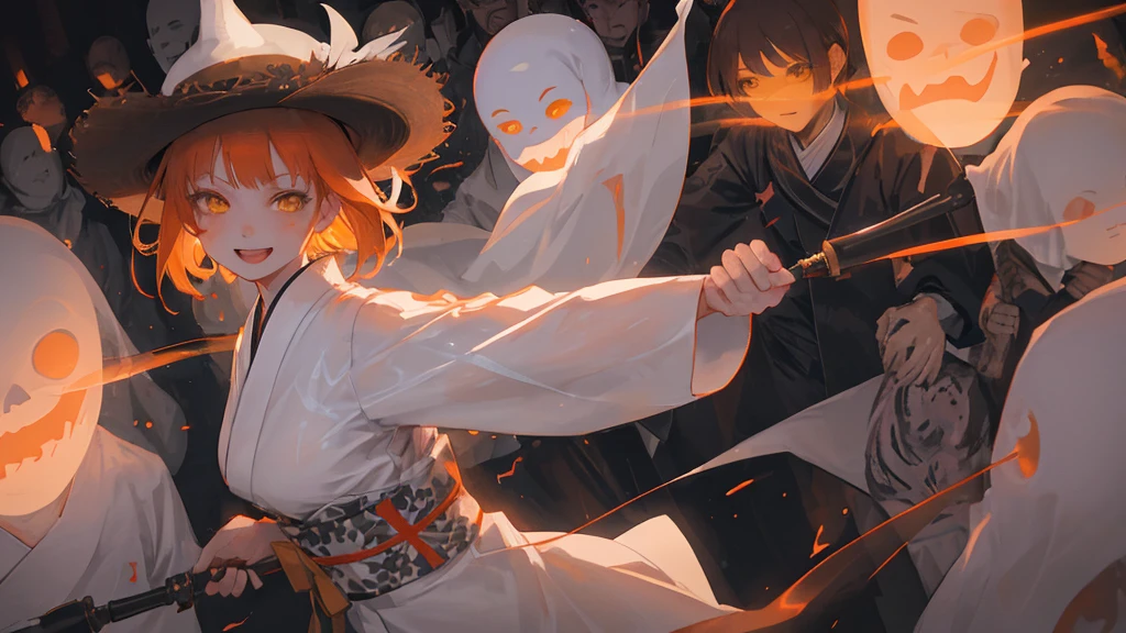 A cool adult woman wearing a white kimono、1 person、Hundreds of ghosts appear at night、Horror、Orange brown short hair、Yellow Eyes、Gloss、Gloss、Fight、A cheerful smile、Shibuya Background、Glare、won'Do not touch、Bold Pose
