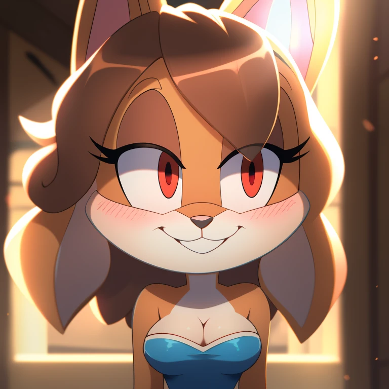 Lola Bunny, strapless tight dress, cleavage, two-tone hair (brown hair, black tip)), curly hair, halo, sunglasses, jewelry, red eyes, longeyelashes, red eyes, smile, shy, blush, high detail, masterpiece, UHD, anatomically correct, super detail, highres, 4K