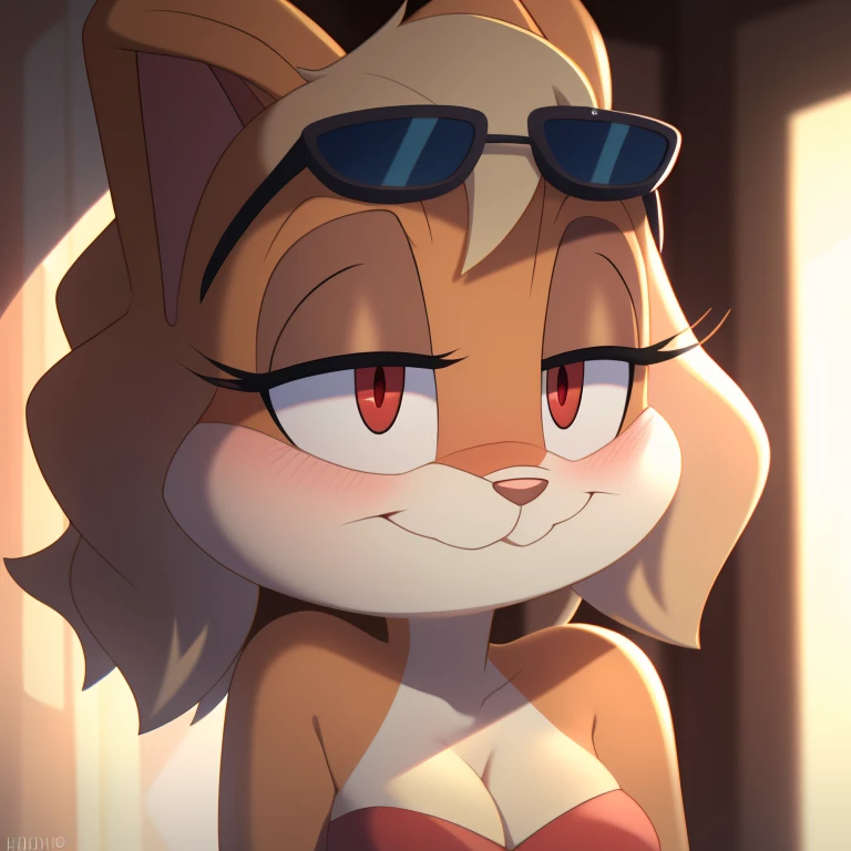 Lola Bunny, strapless tight dress, cleavage, two-tone hair (brown hair, black tip)), curly hair, halo, sunglasses, jewelry, red eyes, longeyelashes, red eyes, smile, shy, blush, high detail, masterpiece, UHD, anatomically correct, super detail, highres, 4K