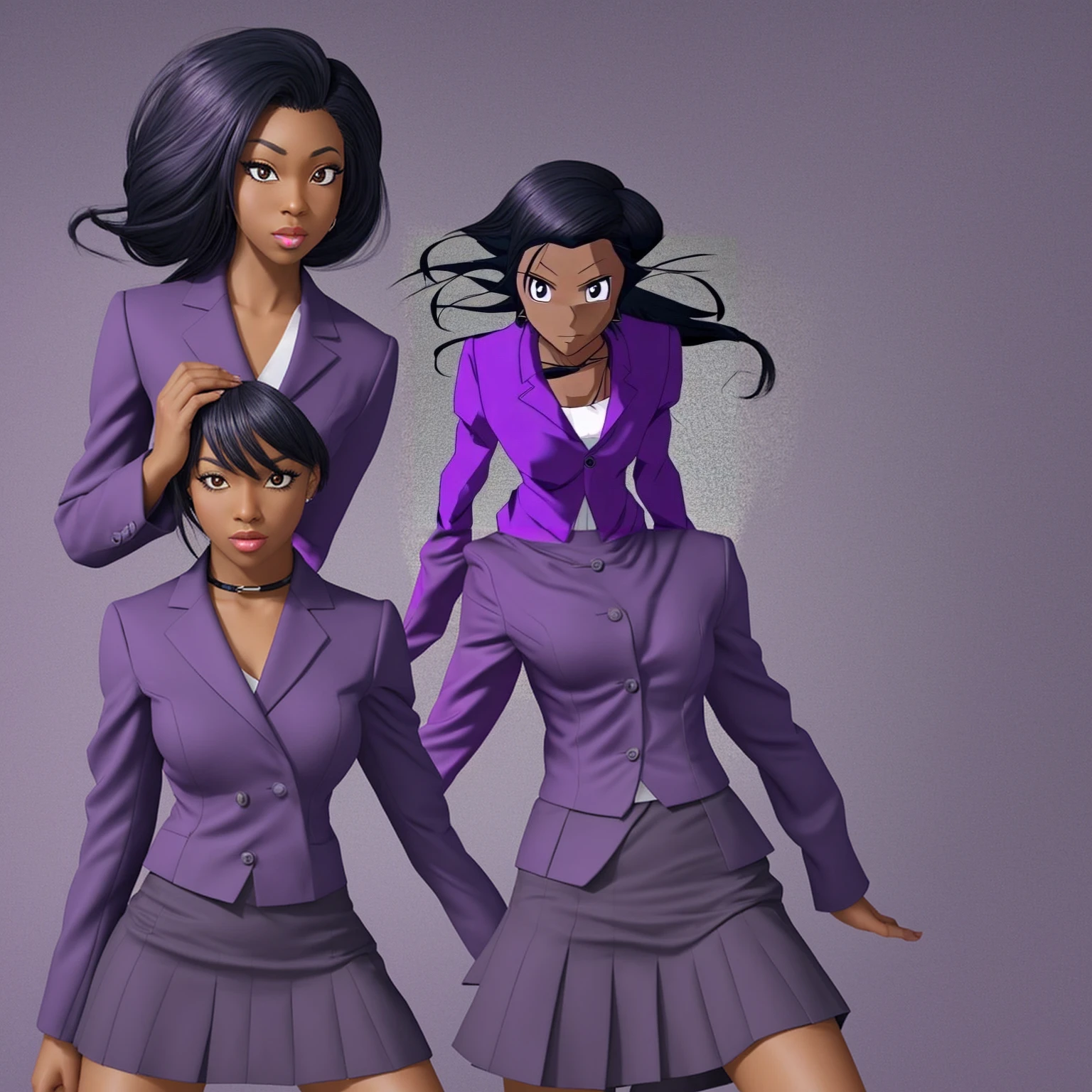 Black business woman in a purple skirt suit with short hair 