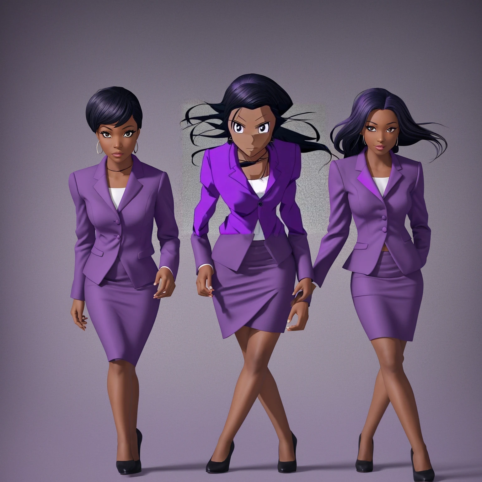 Black anime business woman in a purple skirt suit 