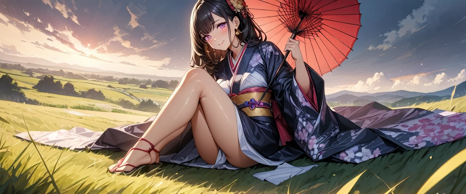 (Perfect Anatomy)、Mastepiece、Ultra High Quality、 8K、masterpiece、Highest quality、Ultra-high resolution、Maximum resolution、Very detailed、Professional Lighting、anime、Adult female、thin、so beautiful、Highly detailed eye、Highly detailed face、Golden earrings、Black Hair,、Pink eyes、Kimono with a beautiful pattern、Gorgeous kimono、kimono、Holding a Japanese umbrella、grassland, whole body