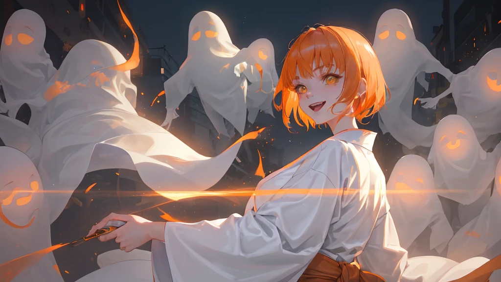 A cool adult woman wearing a white kimono、1 person、Hundreds of ghosts appear at night、Horror、Orange brown short hair、Yellow Eyes、Gloss、Gloss、Fight、A cheerful smile、Shibuya Background、Glare、won'Do not touch、Bold Pose