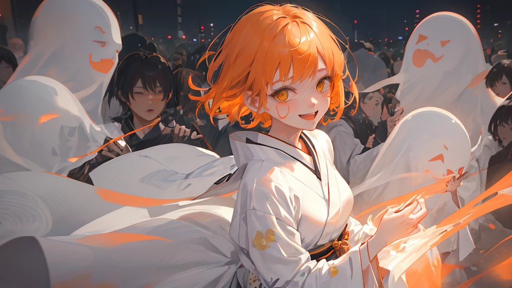 A cool adult woman wearing a white kimono、1 person、Hundreds of ghosts appear at night、Horror、Orange brown short hair、Yellow Eyes、Gloss、Gloss、Fight、A cheerful smile、Shibuya Background、Glare、won'Do not touch、Bold Pose