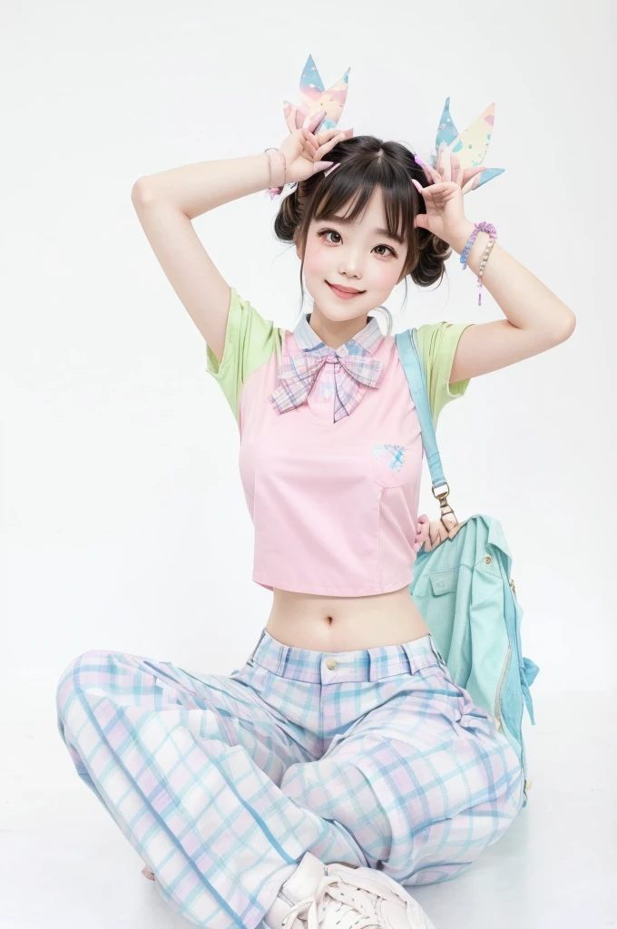 araffe girl in pink blouse and blue plaid pants sitting on the floor, Beautiful Delfina, camisa kawaii e jeans, kawaii fun pose of a dancer, cute colorful adorable, inspired decor, kawaii rainbow decoration, kawaii style, Aya Takano&#39;s Cor Style, roupas jpop, colorful clothes, Chiho, y2k style, y2k style, Solist iu, iu
