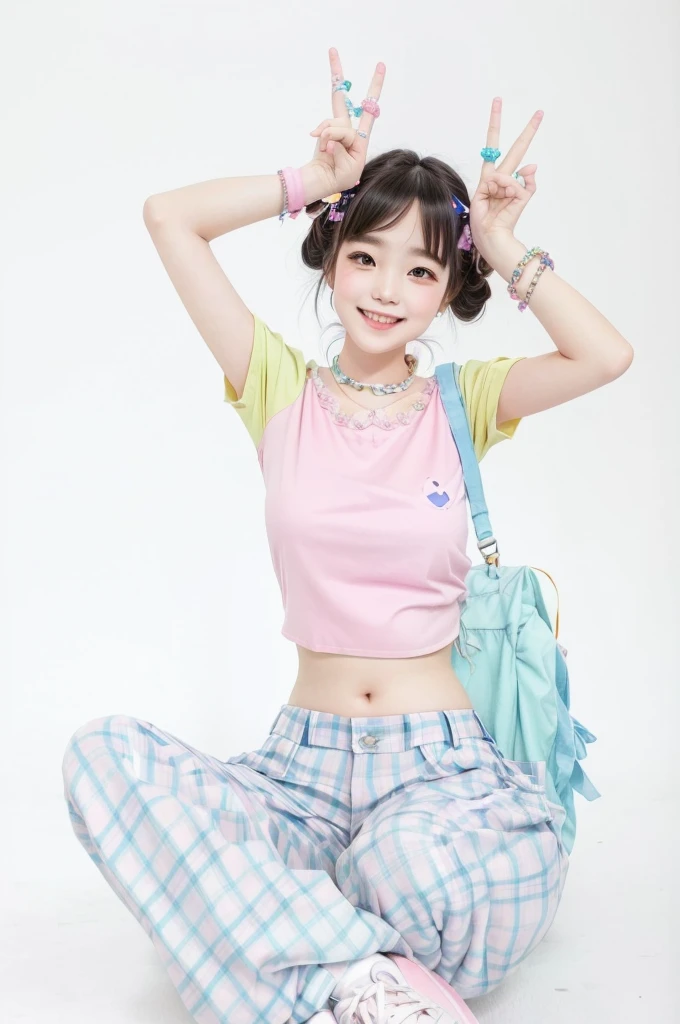 araffe girl in pink blouse and blue plaid pants sitting on the floor, Beautiful Delfina, camisa kawaii e jeans, kawaii fun pose of a dancer, cute colorful adorable, inspired decor, kawaii rainbow decoration, kawaii style, Aya Takano's Cor Style, roupas jpop, colorful clothes, Chiho, y2k style, y2k style, Solist iu, iu
