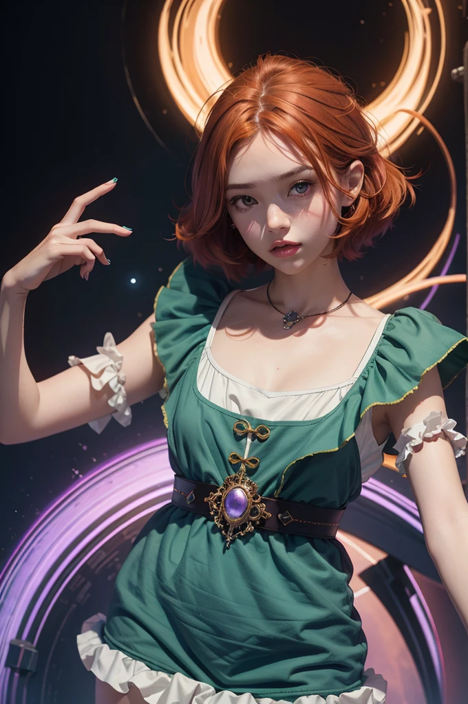concept art, overhead angle of a Will-o'-the-wisp, wearing Funny Somali Emerald deep orange Pinafore, Caramel hair styled as Short hair, fluorescent purple Hair tie, equirectangular 360, Highres,  [(art by Willi Baumeister:1.1), (art by John T. Biggers:1.2)::17], official art, unity 8k wallpaper, ultra detailed, aesthetic, masterpiece, best quality, photorealistic, young teen, small breasts