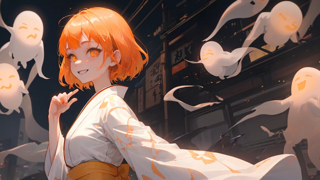 A cool adult woman wearing a white kimono、1 person、Hundreds of ghosts appear at night、Horror、Orange brown short hair、Yellow Eyes、Gloss、Gloss、Fight、A cheerful smile、Shibuya Background、Glare、won'Do not touch、Bold Pose