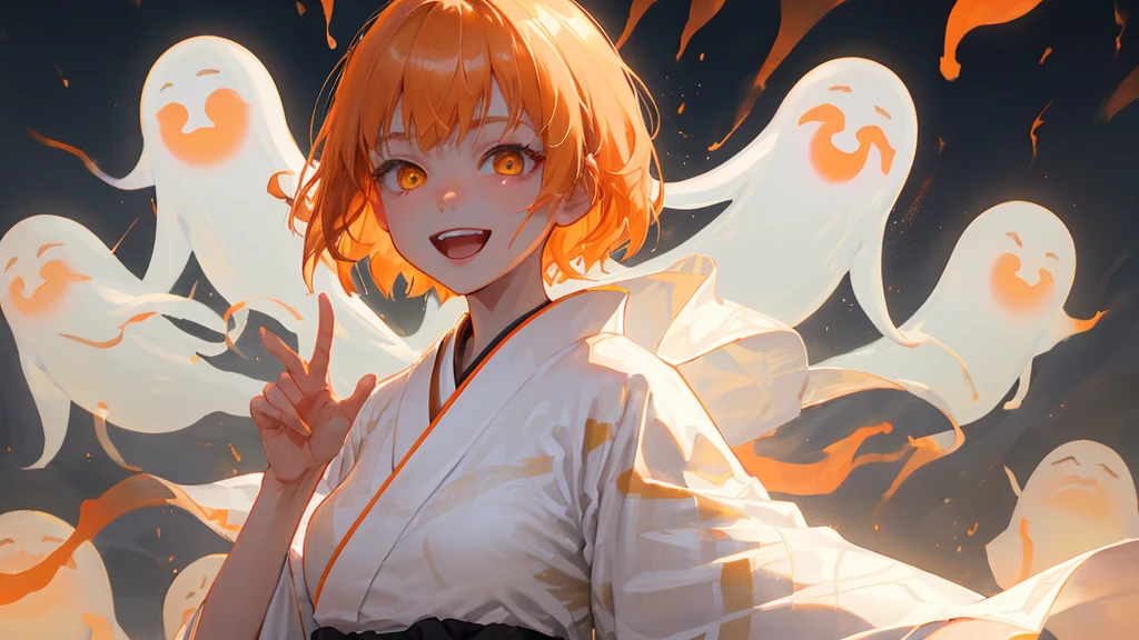 A cool adult woman wearing a white kimono、1 person、Hundreds of ghosts appear at night、Horror、Orange brown short hair、Yellow Eyes、Gloss、Gloss、Fight、A cheerful smile、Shibuya Background、Glare、won'Do not touch、Bold Pose