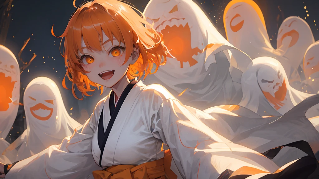 A cool adult woman wearing a white kimono、1 person、Hundreds of ghosts appear at night、Horror、Orange brown short hair、Yellow Eyes、Gloss、Gloss、Fight、A cheerful smile、Shibuya Background、Glare、won'Do not touch、Bold Pose